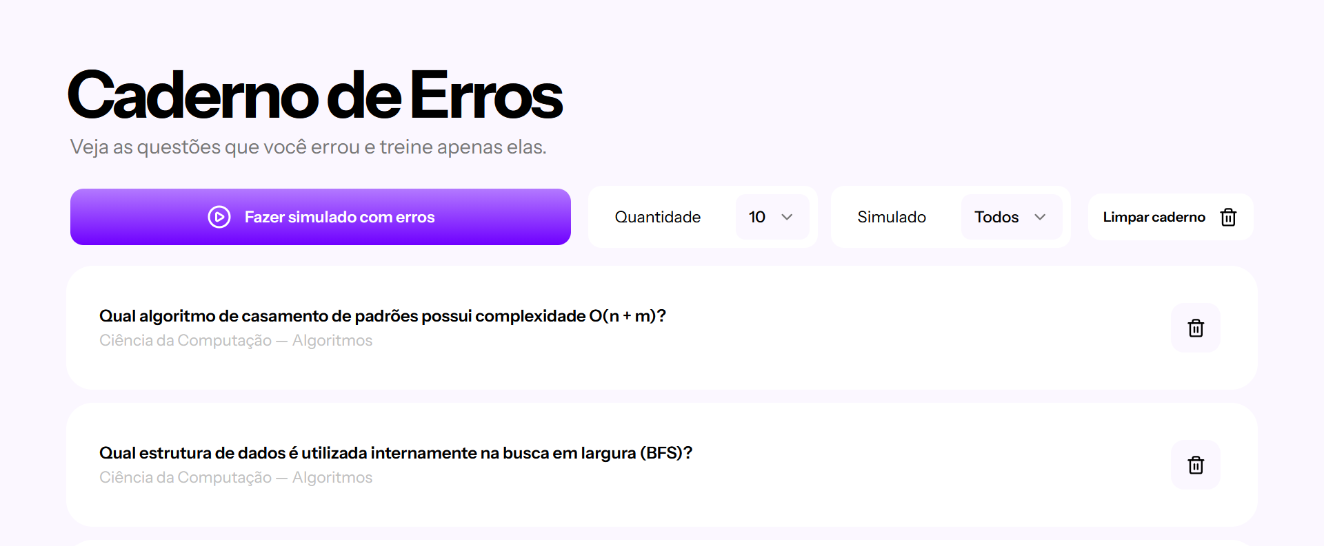 Caderno de erros com revisão de questões